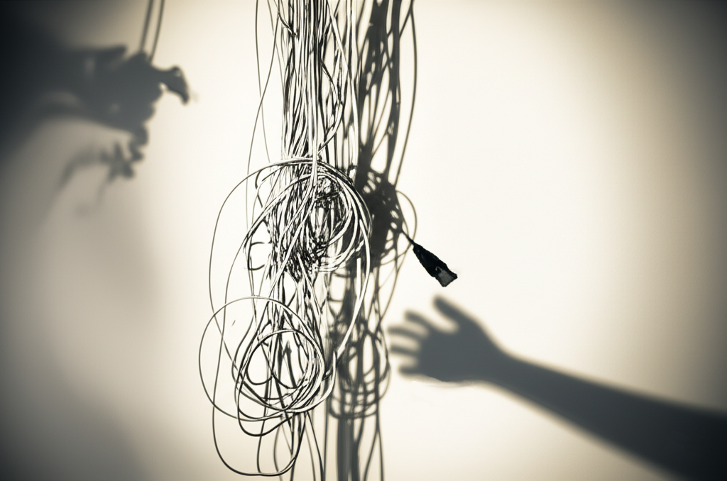 A tangled mass of vintage telephone wires with a shadow hand reaching for the wires.
