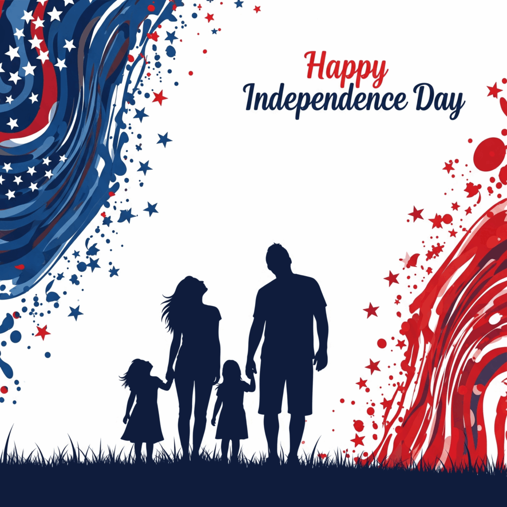 Stylized family lookiing up at "Happy Independence Day"
