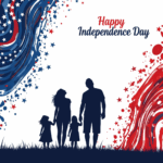Stylized family lookiing up at "Happy Independence Day"