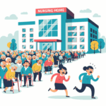 A horde of senior citizens approaching a nursing home, with two employees running away