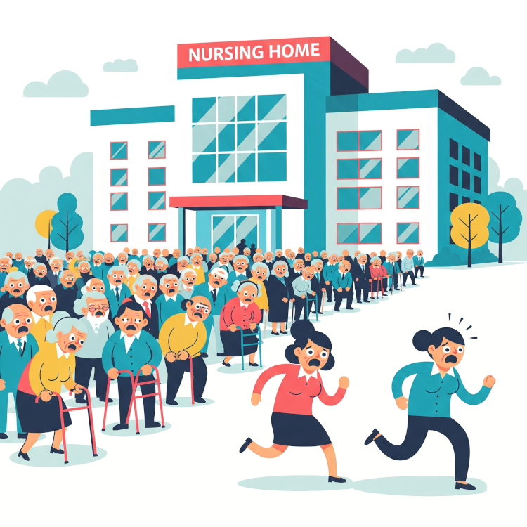 A horde of senior citizens approaching a nursing home, with two employees running away