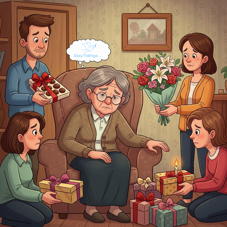 Family giving poor gifts for a mother wanting Easy Tidings