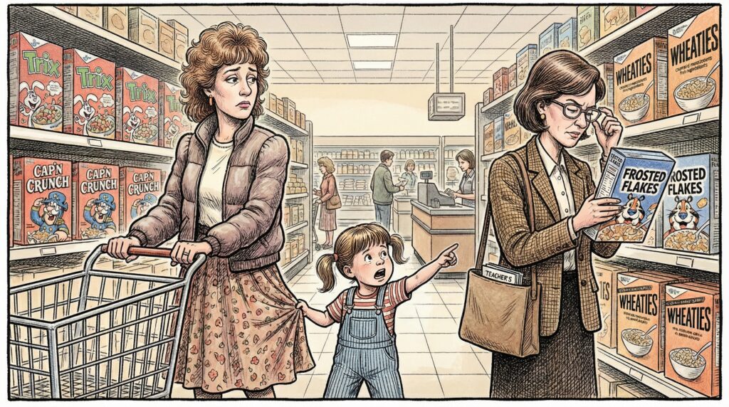 A young child spotting a teacher at the store