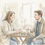 A woman and man chatting as friends over coffee